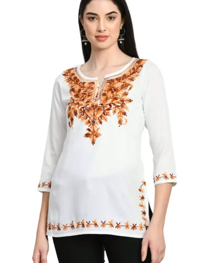 White Kashmiri Embroidered Short Kurti
