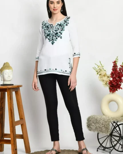 Amunet White Kashmiri Embroidered Short Kurti