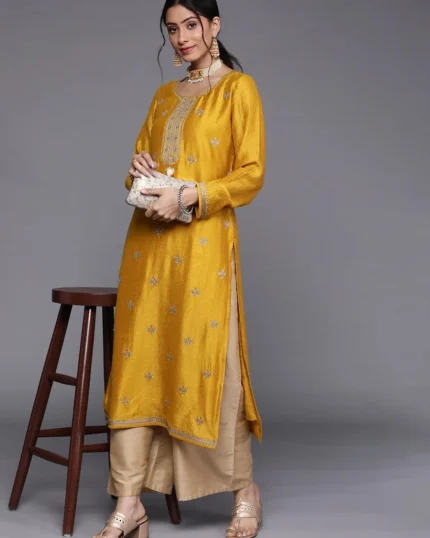 Yellow Embellished Silk Kurta